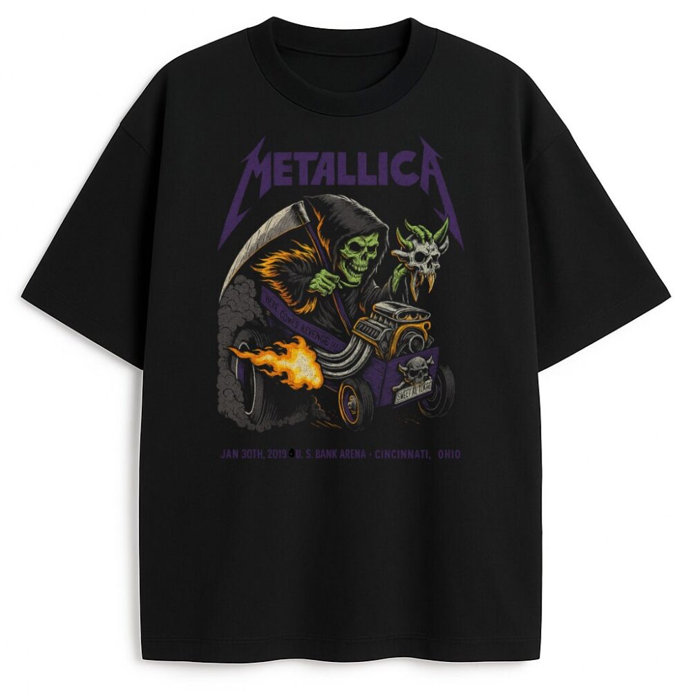 Czarny T-shirt Metallica Ohio z grafiką kostuchy i datą koncertu