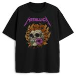 Czarny T-shirt Metallica Violet Ashes z czaszką, ogniem i kwiatem