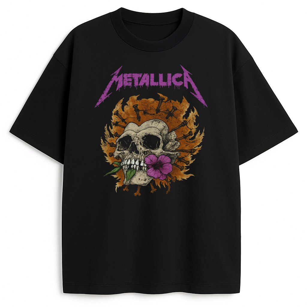 Czarny T-shirt Metallica Violet Ashes z czaszką, ogniem i kwiatem
