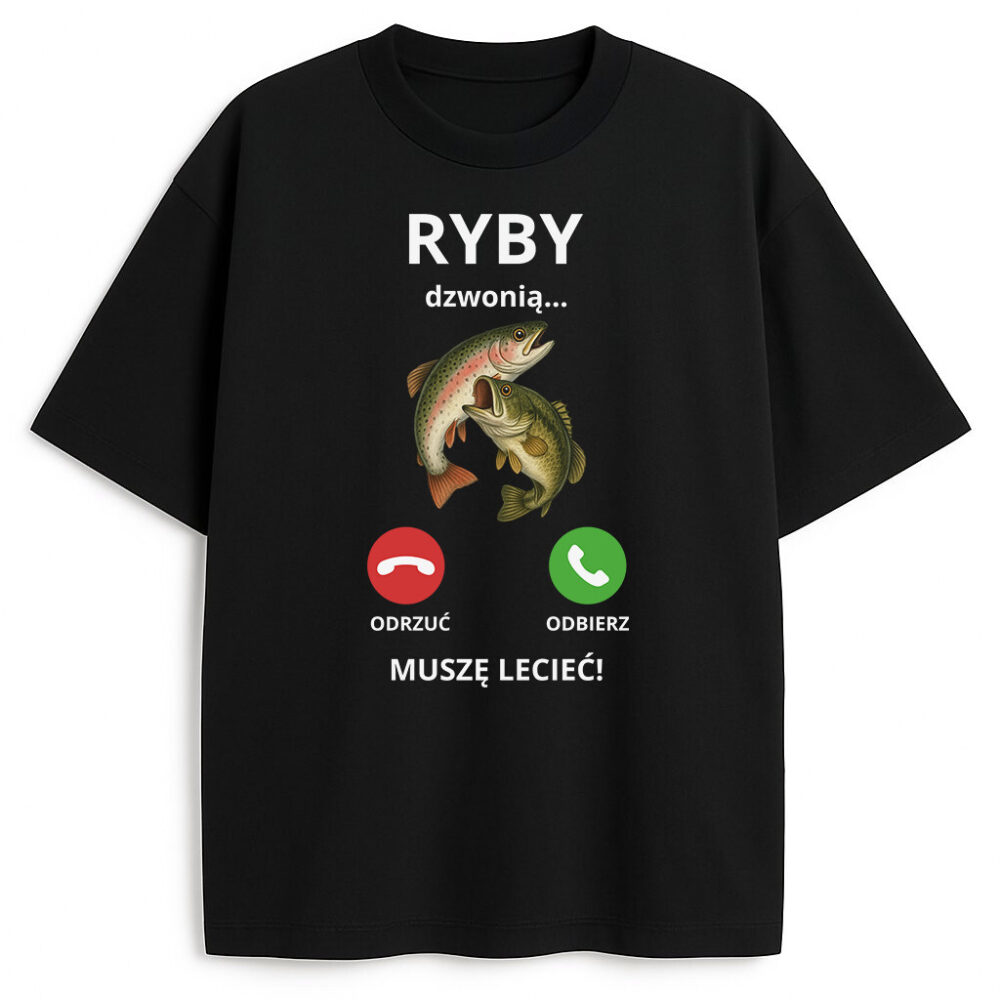 Czarna koszulka z rybami i symbolem telefonu, z napisem „Ryby dzwonią... muszę lecieć!”