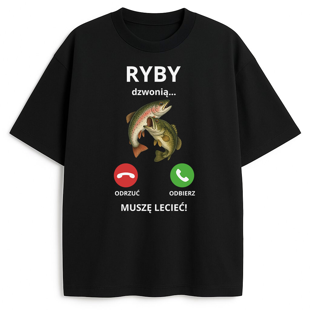 Czarna koszulka z rybami i symbolem telefonu, z napisem „Ryby dzwonią... muszę lecieć!”