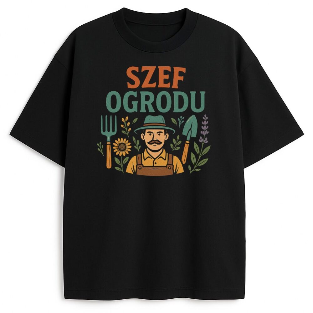 T-shirt Szef Ogrodu z ilustracją ogrodnika w kapeluszu i rysunkowym otoczeniu kwiatów