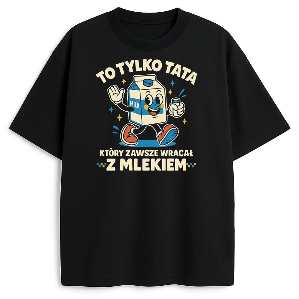 Czarna koszulka z nadrukiem kartonu mleka i napisem o tacie