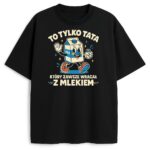 Czarna koszulka z nadrukiem kartonu mleka i napisem o tacie