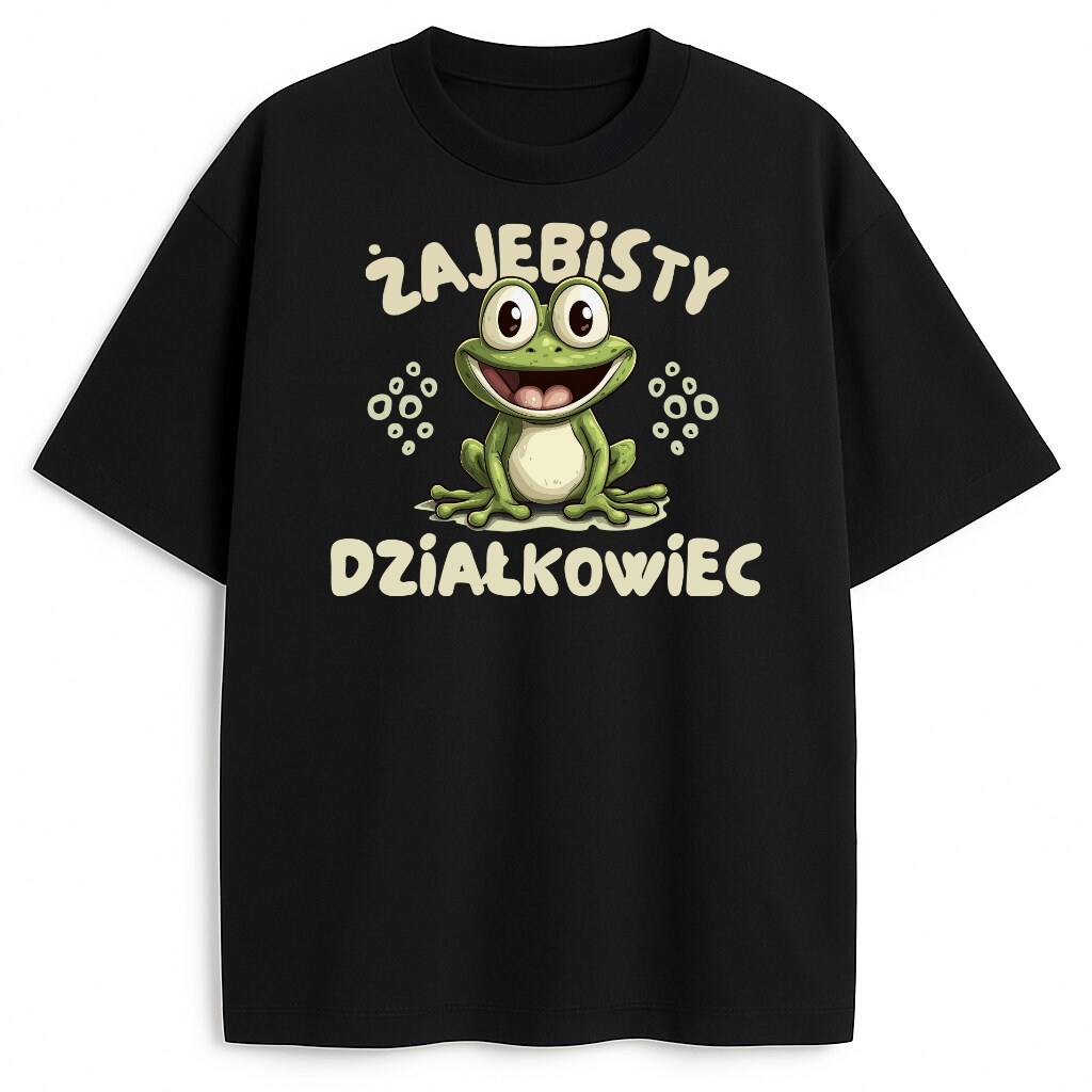 -shirt Żajebisty Działkowiec z szeroko uśmiechniętą żabą i śmiesznym tekstem