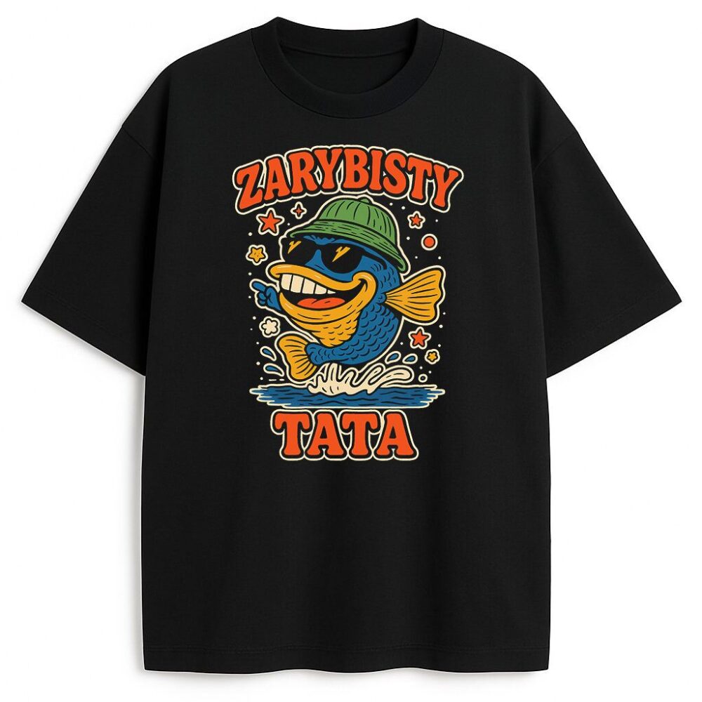 Czarna koszulka z wędkarską grafiką i napisem Zarybisty Tata
