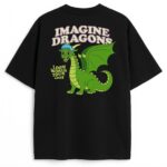 Tył koszulki z dużym nadrukiem zielonego smoka i logo Imagine Dragons