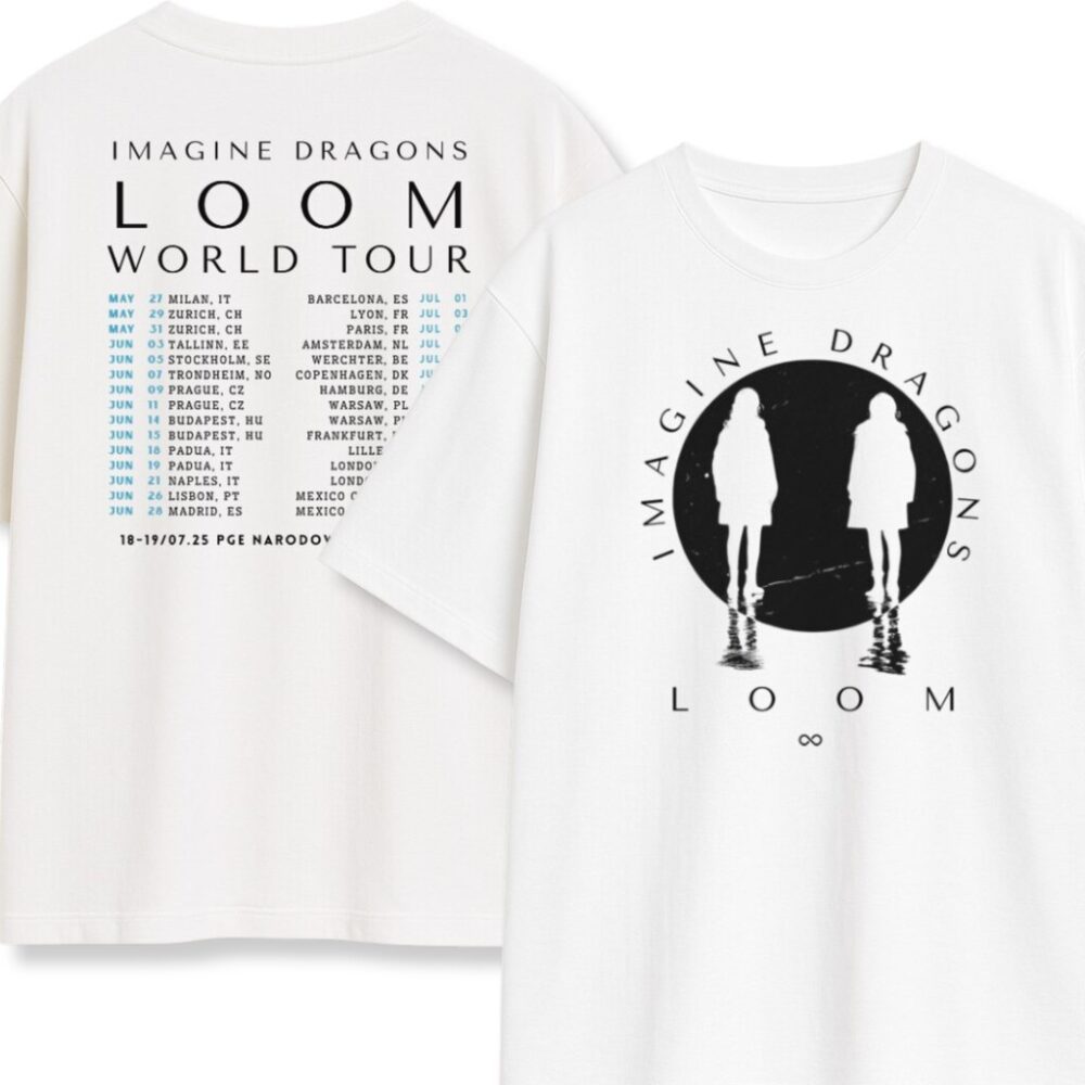 Biała, dwustronna koszulka z grafiką Imagine Dragons Loom i listą miast z tyłu