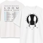 Biała, dwustronna koszulka z grafiką Imagine Dragons Loom i listą miast z tyłu