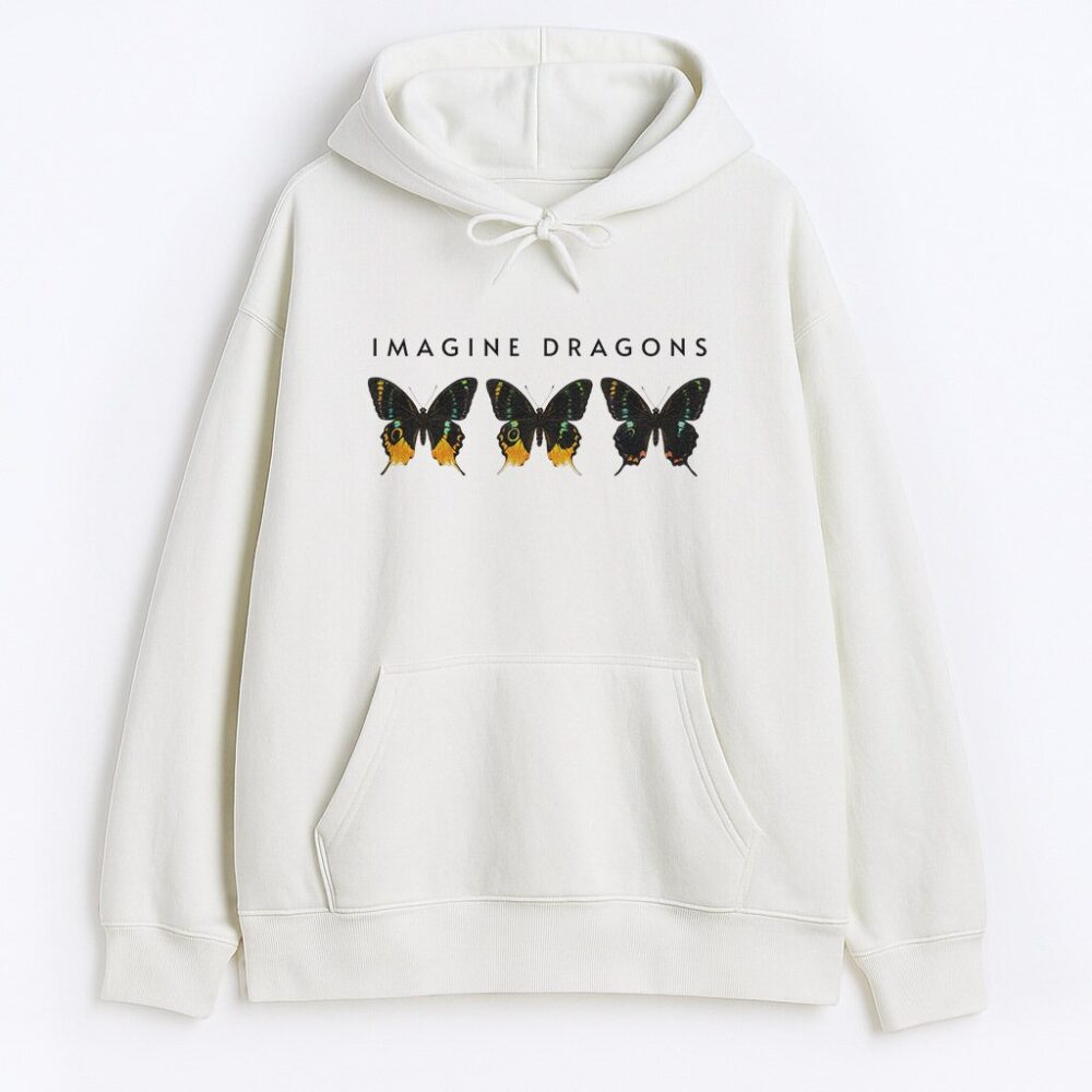 Bluza Imagine Dragons biała unisex – hoodie z logo Imagine Dragons i trzema kolorowymi motylami na piersi