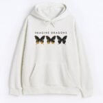 Bluza Imagine Dragons biała unisex – hoodie z logo Imagine Dragons i trzema kolorowymi motylami na piersi