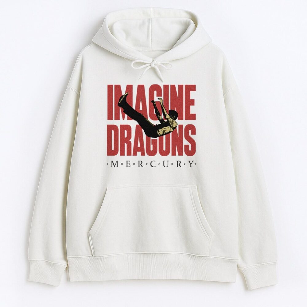 Bluza Imagine Dragons Mercury biała – unisex hoodie z czerwonym nadrukiem postaci i logo z albumu Mercury