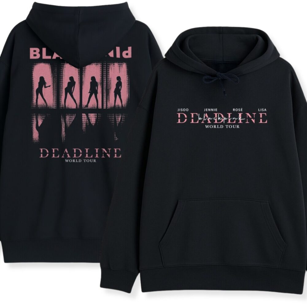 Czarna Bluza z Kapturem Blackpink Deadline przód i tył z motywem Deadline
