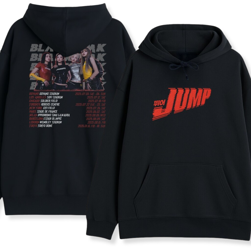 Czarna Bluza Blackpink Jump World Tour przód i tył z grafikami tour K-pop