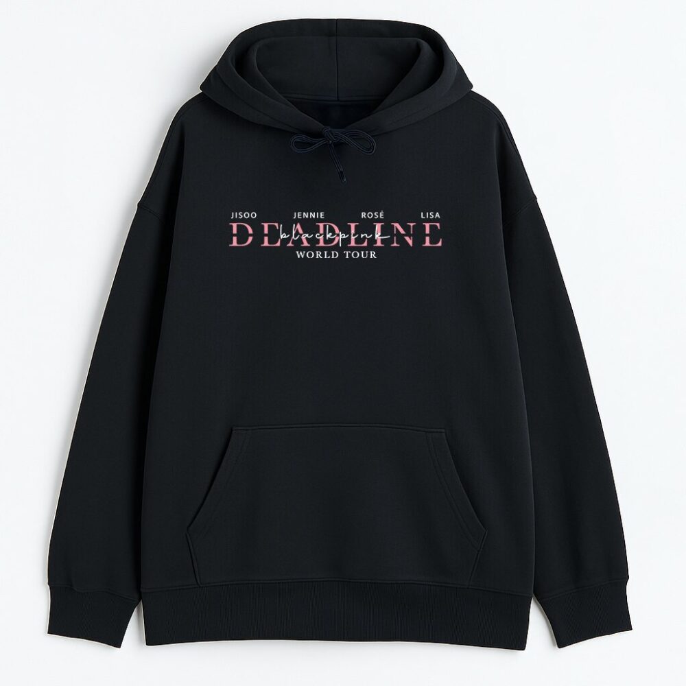 Czarna Bluza z Kapturem Blackpink Deadline przód z napisem Deadline
