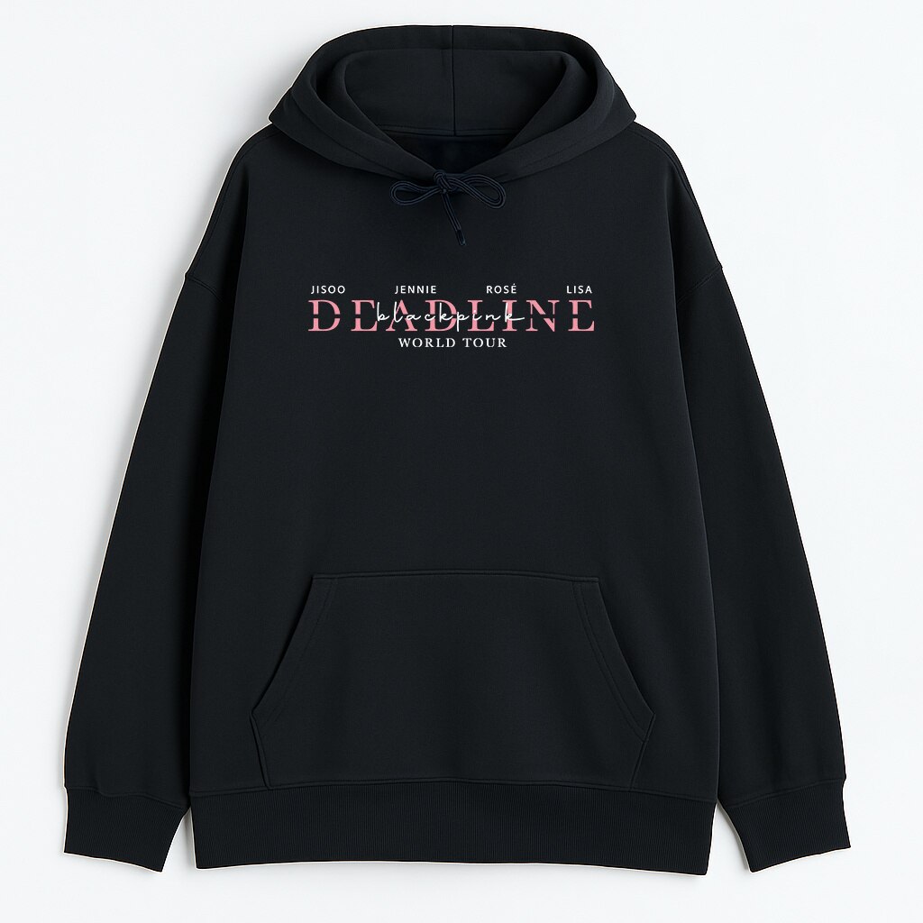 Czarna Bluza z Kapturem Blackpink Deadline przód z napisem Deadline