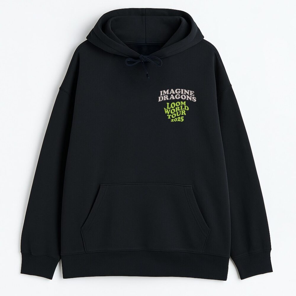 Bluza Imagine Dragons Loomy Dragon czarna przód – unisex hoodie z małym nadrukiem Loom World Tour 2025 na piersi