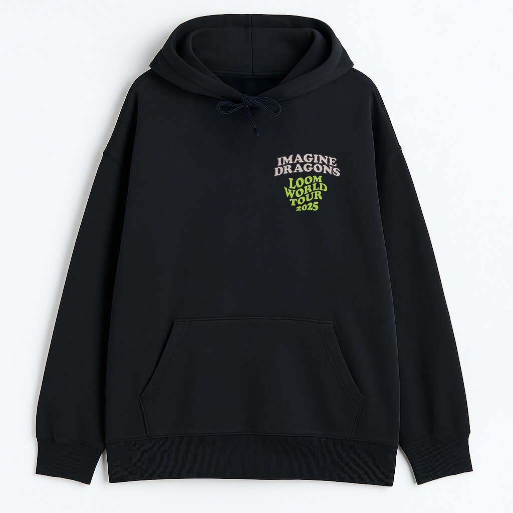 Bluza Imagine Dragons Loomy Dragon czarna przód – unisex hoodie z małym nadrukiem Loom World Tour 2025 na piersi