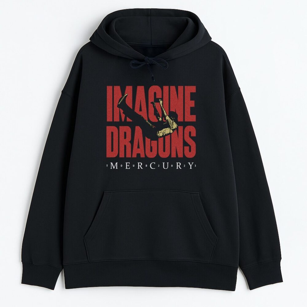 Bluza Imagine Dragons Mercury czarna – unisex hoodie z czerwonym nadrukiem logo i postacią w locie z albumu Mercury