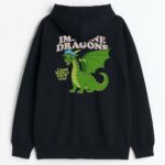 Bluza Imagine Dragons Loomy Dragon czarna – unisex hoodie z uroczym zielonym smokiem na plecach i napisem Loom World Tour 2025