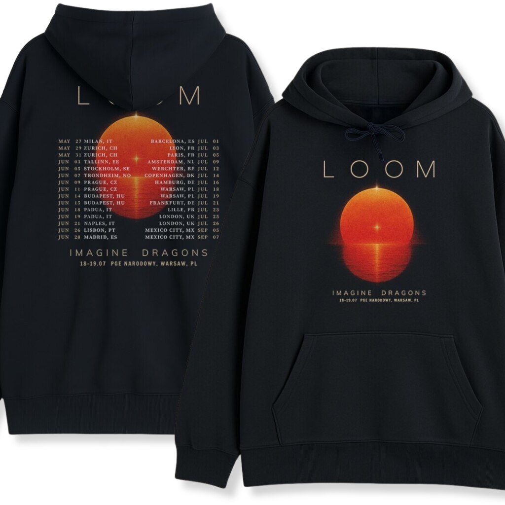 Bluza Imagine Dragons Loom Tour 2025 czarna – unisex hoodie z listą dat tour na plecach i słońcem LOOM na przodzie