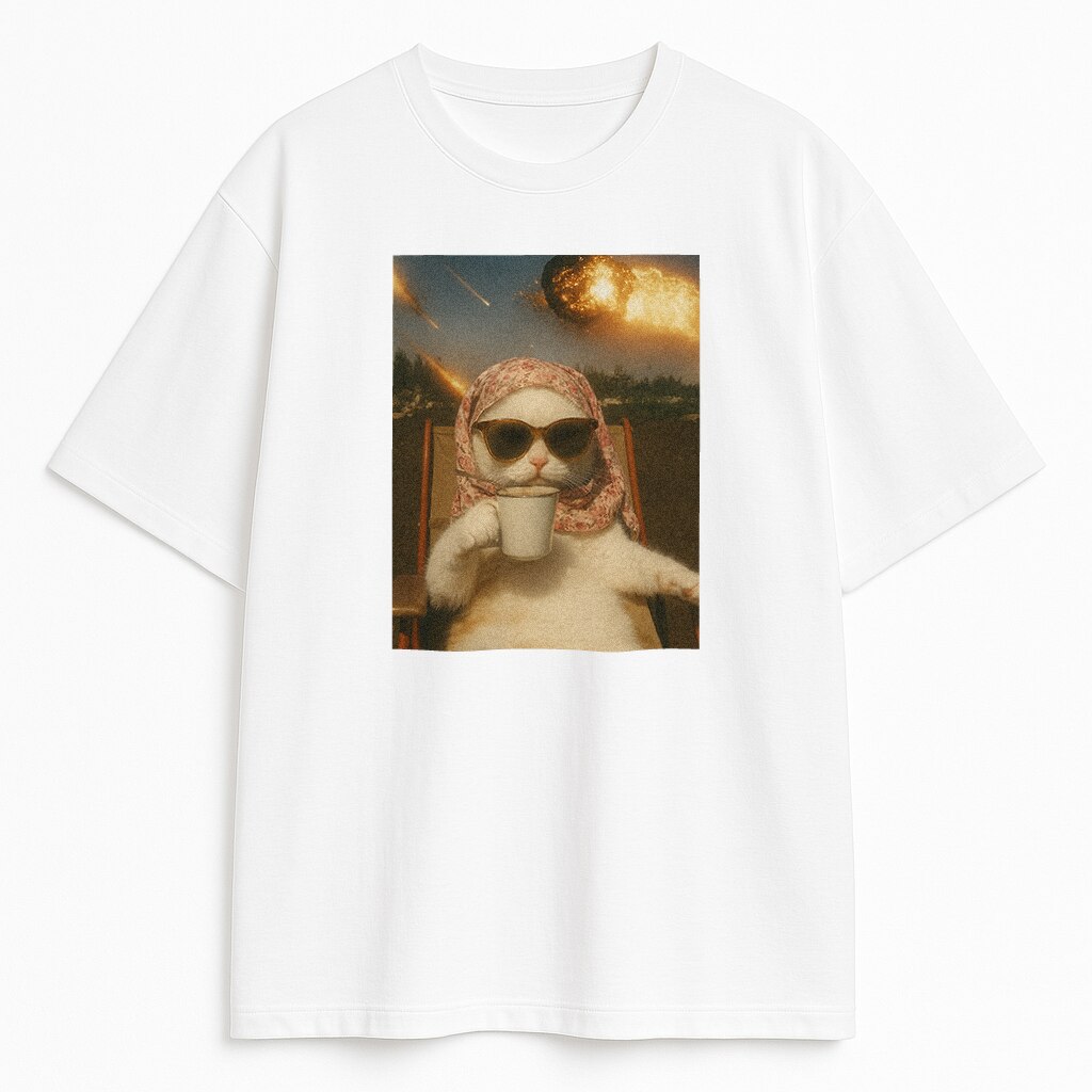 Biały T-shirt Purr-mageddon Chill z kotem w babuszce chillującym w obliczu apokalipsy