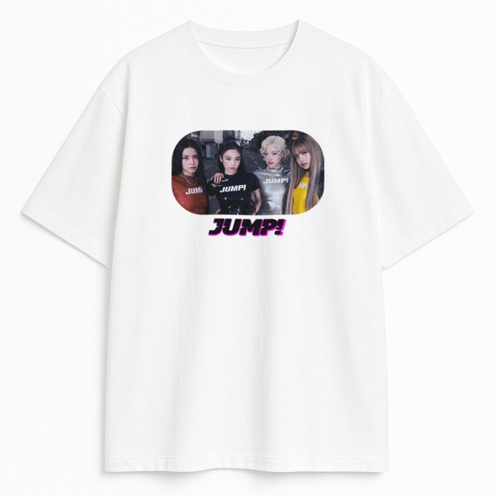 Biały T-shirt Blackpink Jump z grafiką grupy K-pop i napisem Jump