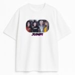 Biały T-shirt Blackpink Jump z grafiką grupy K-pop i napisem Jump