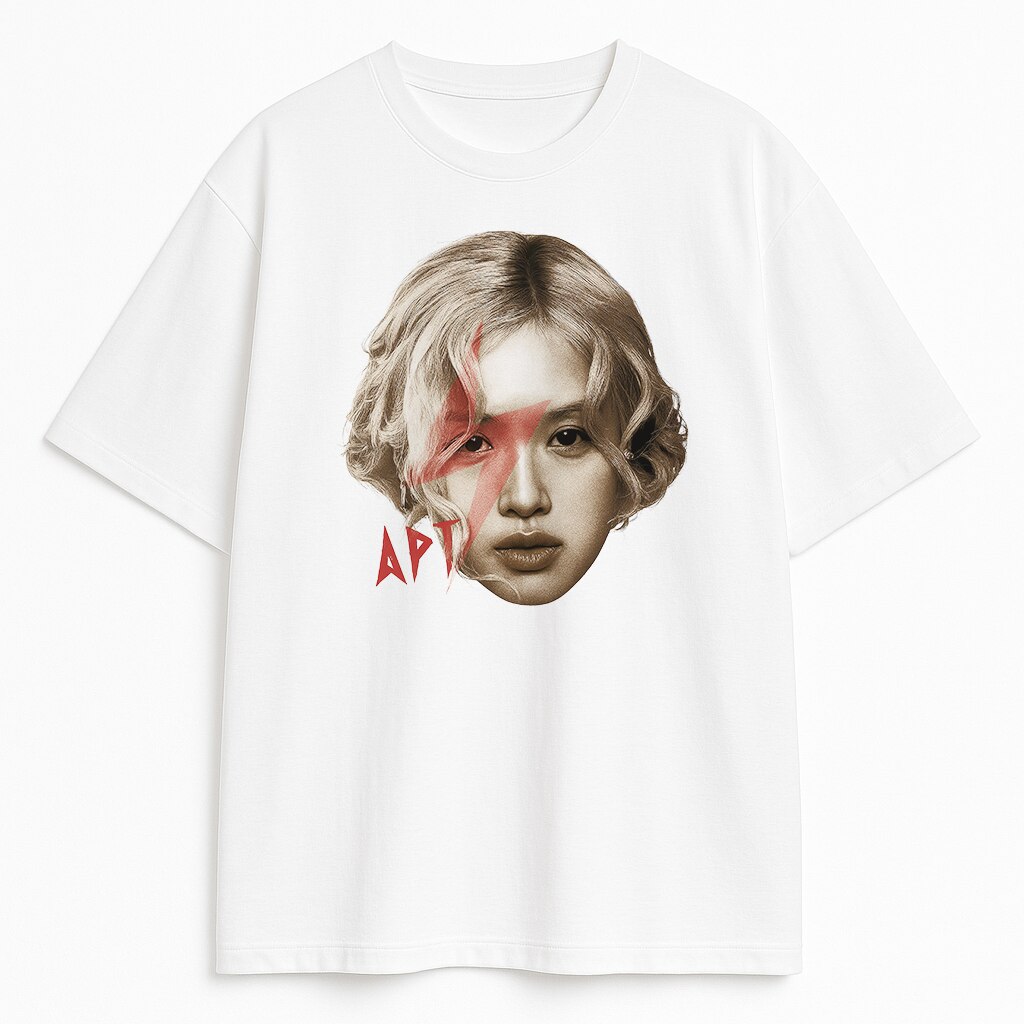 Biały T-shirt Blackpink Rose APT z wizerunkiem Rosé, czerwoną błyskawicą i tekstem APT – lekki merch dla pasjonatów Blackpink.