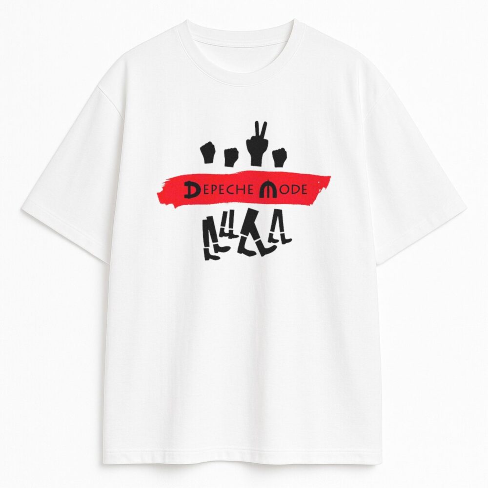 Biały T-shirt Depeche Mode Spirit z designem podniesionych dłoni i maszerujących nóg