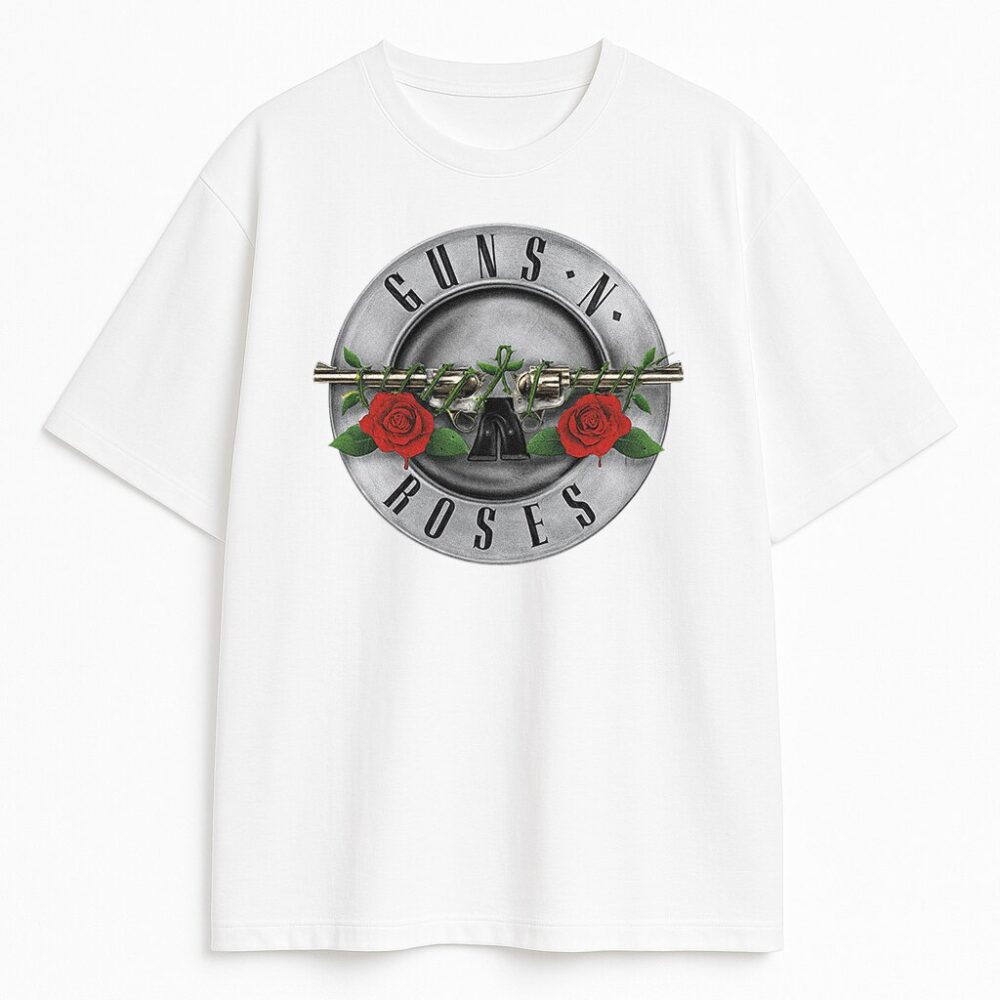 Biały T-shirt z Logo Guns N' Roses w srebrnym stylu