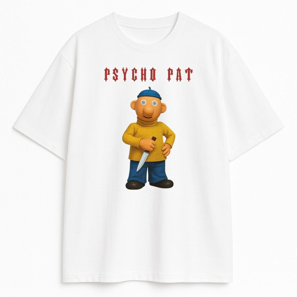 T-shirt Sąsiedzi Psycho Pat biały unisex z kontrastowym nadrukiem Pat psycho