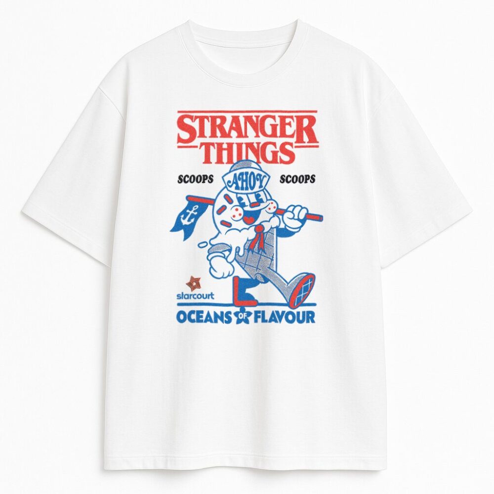 T-shirt Stranger Things Scoops Ahoy biały – lodowa grafika retro