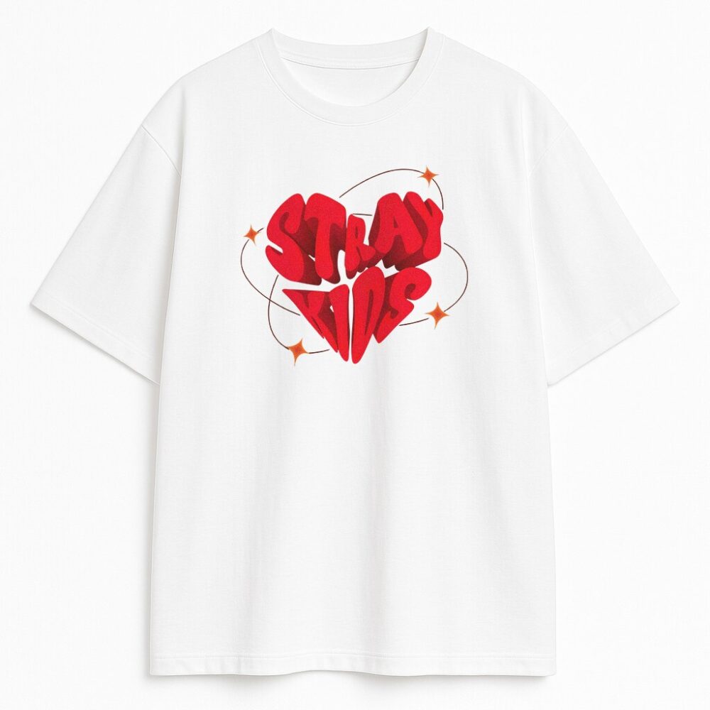 T-shirt Stray Kids Heart biały – merch z czerwonym sercem w stylu Y2K
