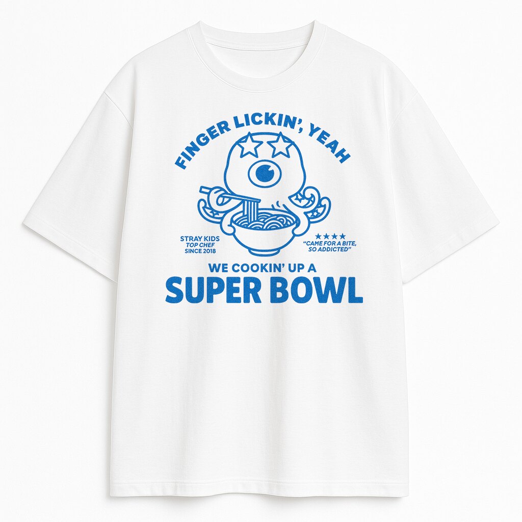 T-shirt Stray Kids Super Bowl z niebieską grafiką ramen i cytatem