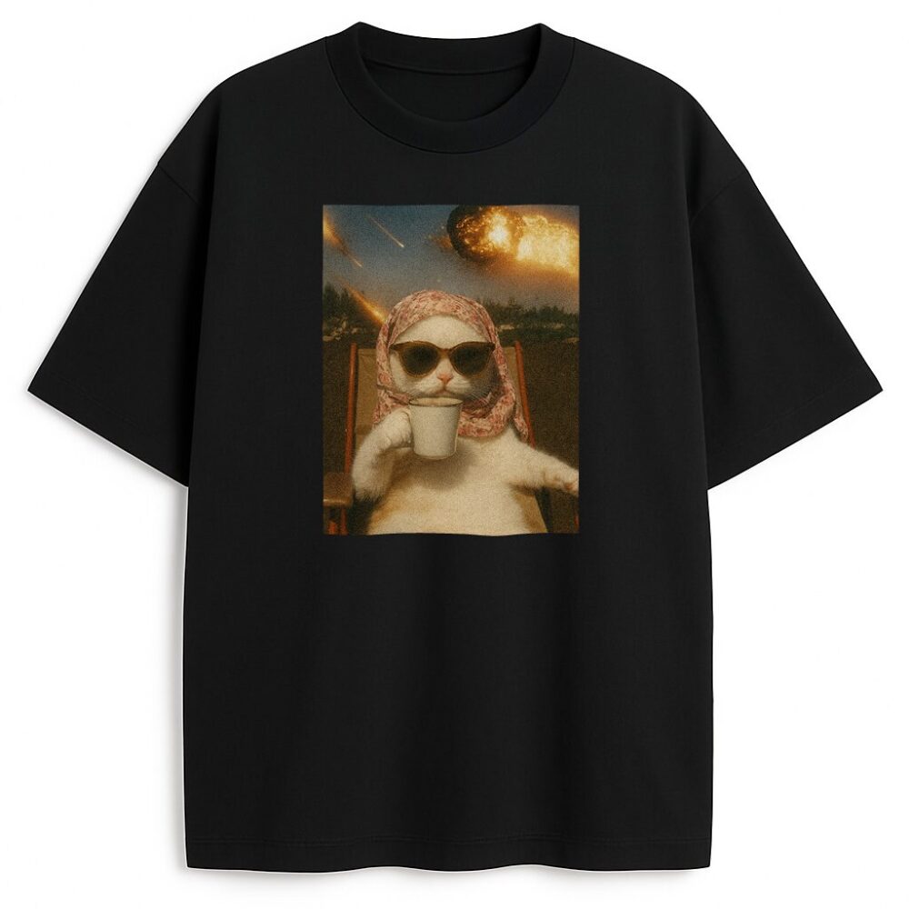 Czarny T-shirt Purr-mageddon Chill z kotem w babuszce relaksującym się podczas armageddonu