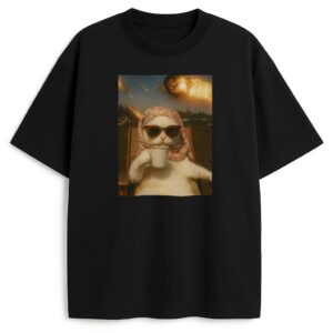 Czarny T-shirt Purr-mageddon Chill z kotem w babuszce relaksującym się podczas armageddonu