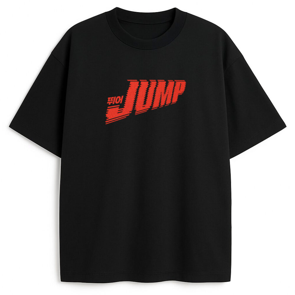 Czarny T-shirt Blackpink Jump World Tour z przodu i koreańskim napisem Jump