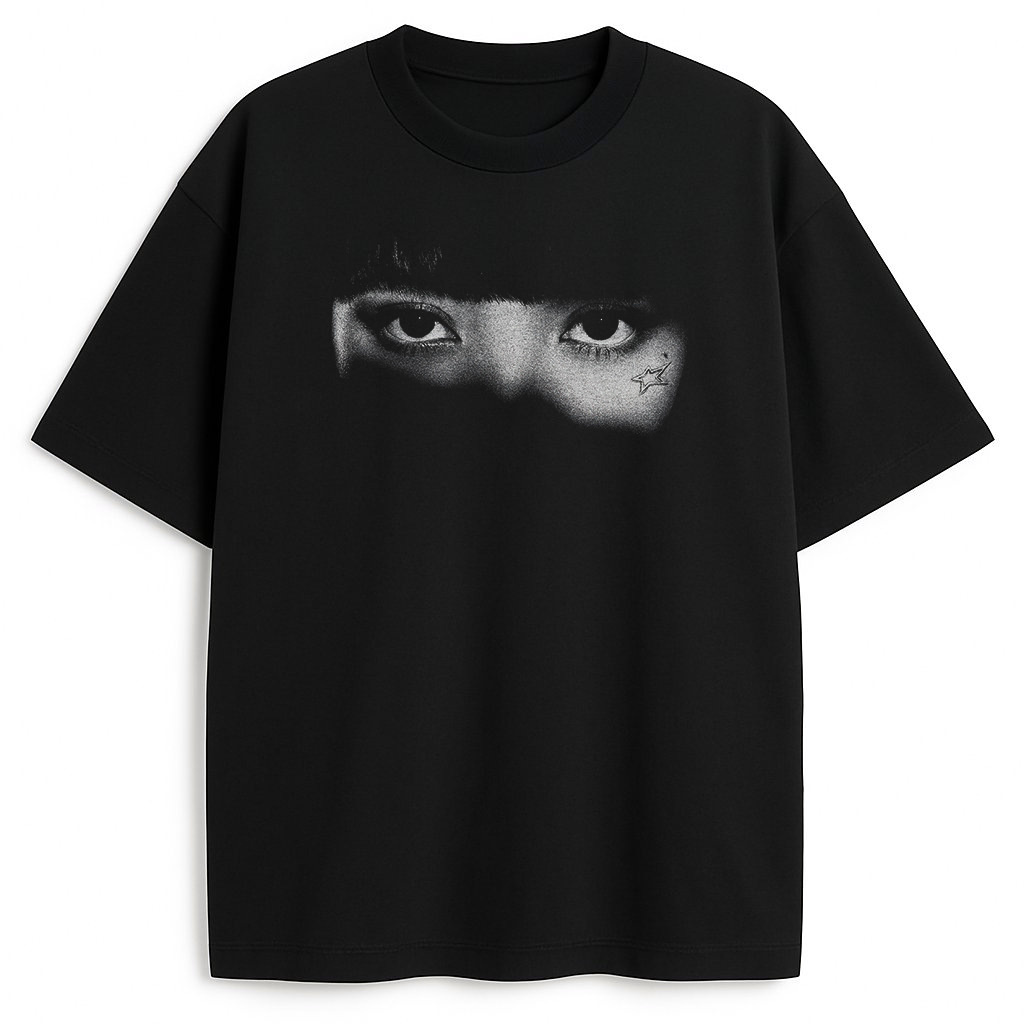Czarny T-shirt Blackpink Lisa Eyes z grafiką oczu Lisy w czerni i bieli, tatuażem gwiazdy pod okiem – wygodny merch dla fanów K-pop.