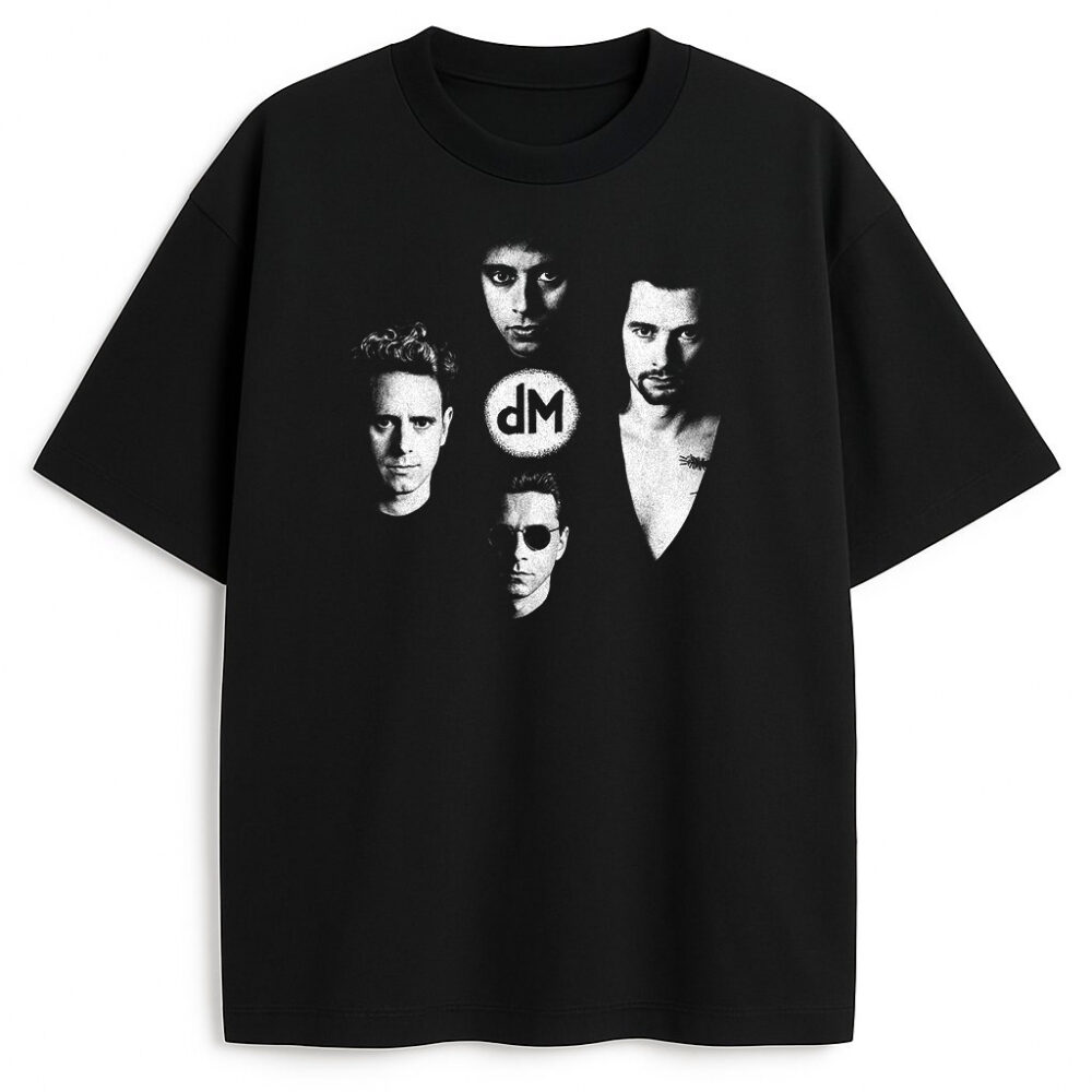 Czarny T-shirt Depeche Mode z czarno-białymi portretami członków i logo DM