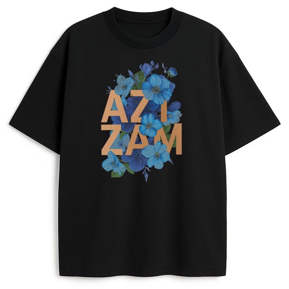 Czarny Koszulka Ed Sheeran Azizam z floralnym designem w błękicie