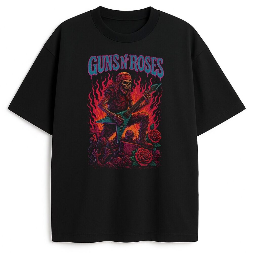T-shirt Guns N' Roses Fire Riff z ogniem i szkieletem gitarzysty