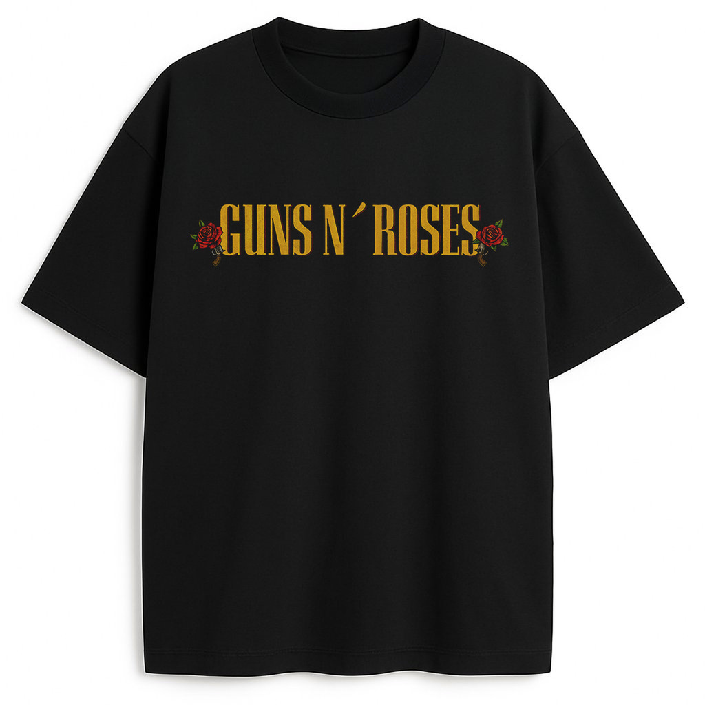 t-shirt Guns N' Roses Logo z czerwonymi różami i złotym napisem