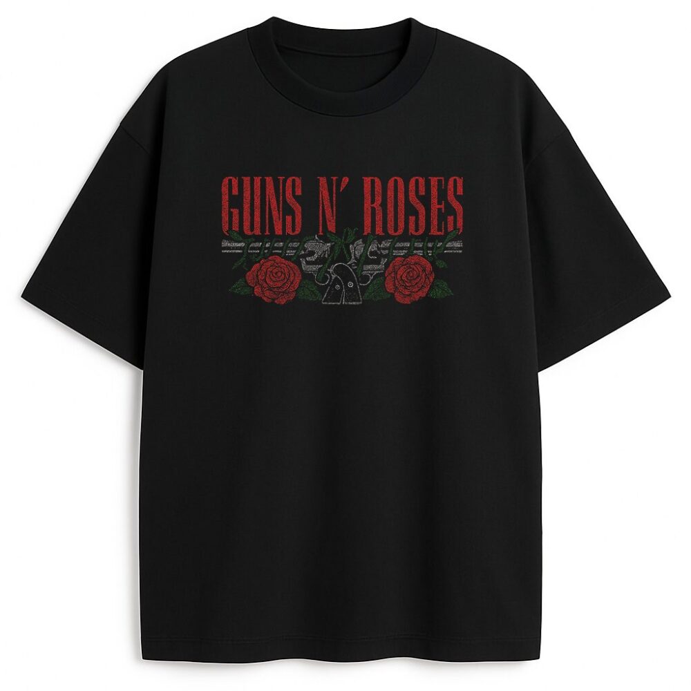Czarny T-shirt Guns N' Roses z czerwonym napisem i różami