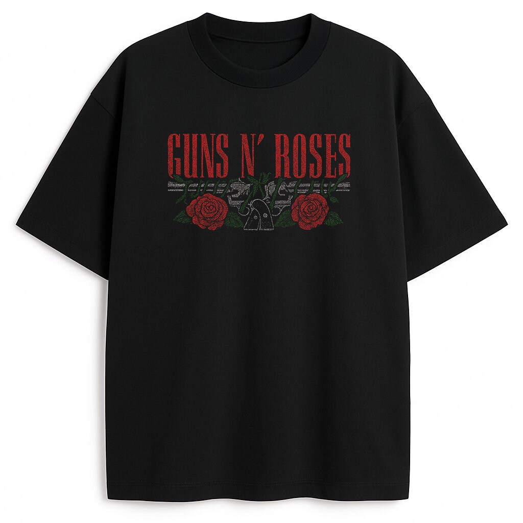 Czarny T-shirt Guns N' Roses z czerwonym napisem i różami