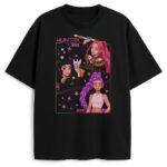 Koszulka Huntrix czarna z postaciami Mira Zoey Rumi – stylowy T-shirt dla fanów animacji i K-pop