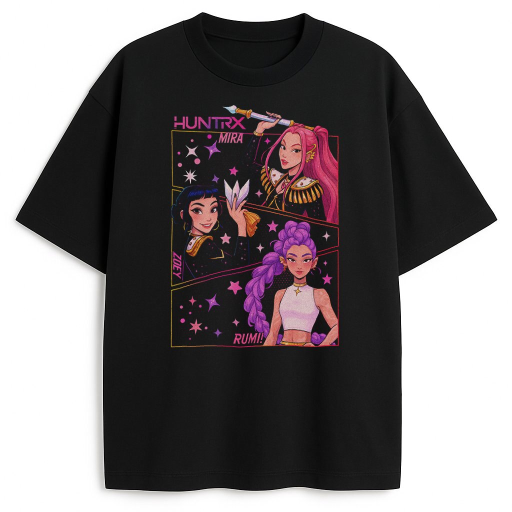 Koszulka Huntrix: Grafika z Mira, Zoey i Rumi na czarnym T-shircie Koszulka Huntrix czarna z postaciami Mira Zoey Rumi – stylowy T-shirt dla fanów animacji i K-pop