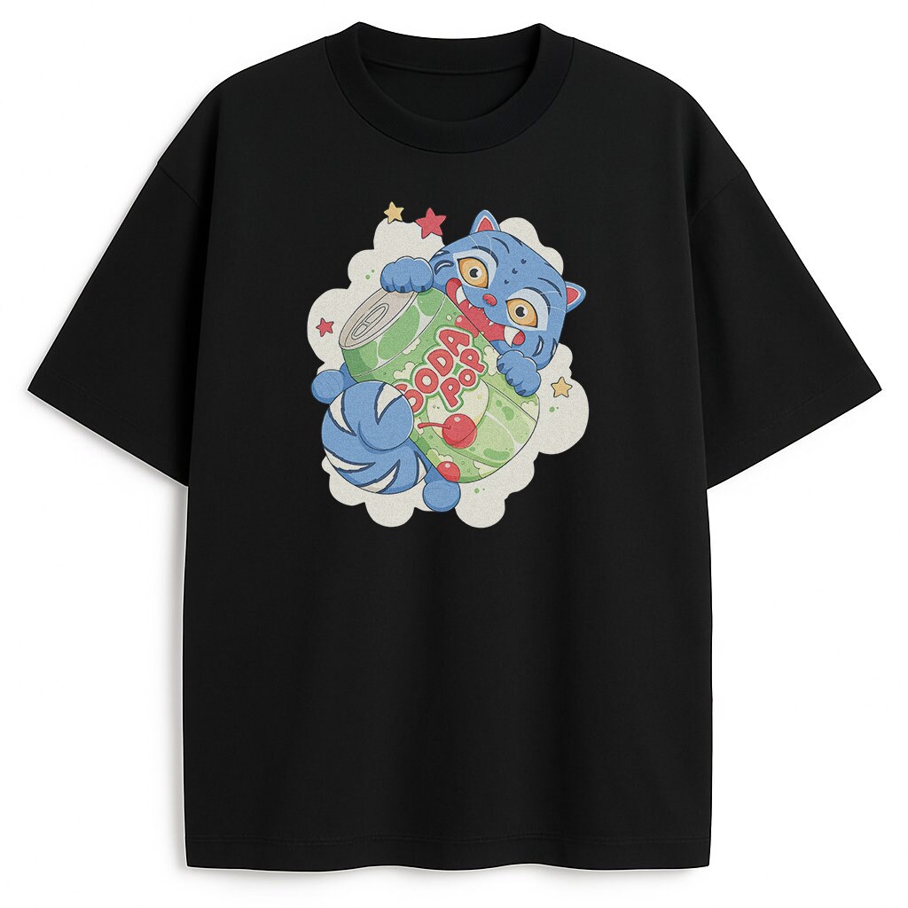 Czarny T-shirt Huntrix Derpy Soda Pop z tygrysem i sodą – mroczny merch fanowski z derpy pozą, bawełniany dla demon hunters, kontrastowy na nocne walki.