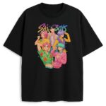 Kolorowa Koszulka Saja Boys Huntrix z Saja Boys w akcji, idealna dla fanów KPop Demon Hunters na koncerty.