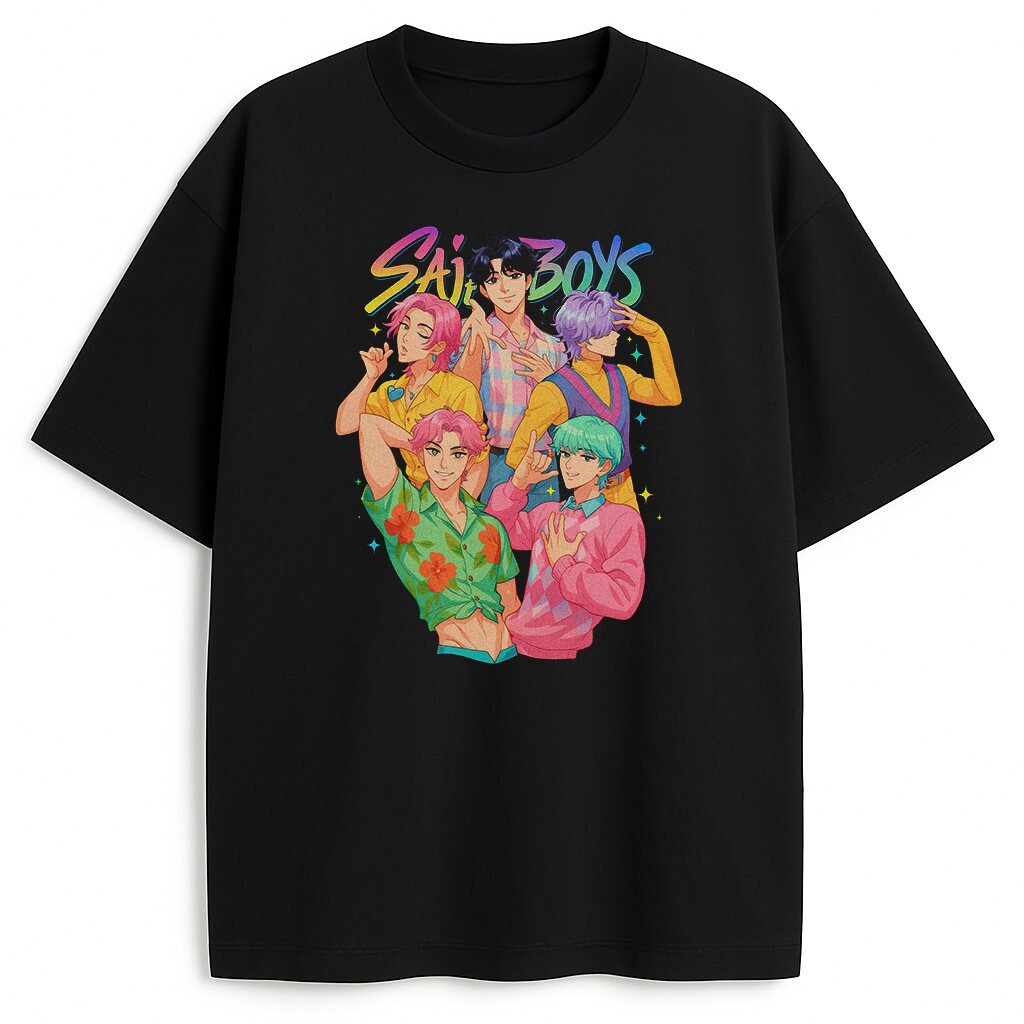 T-shirt KPop Demon Hunters z przodu w akcji. Kolorowa Koszulka Saja Boys Huntrix z Saja Boys w akcji, idealna dla fanów KPop Demon Hunters na koncerty.